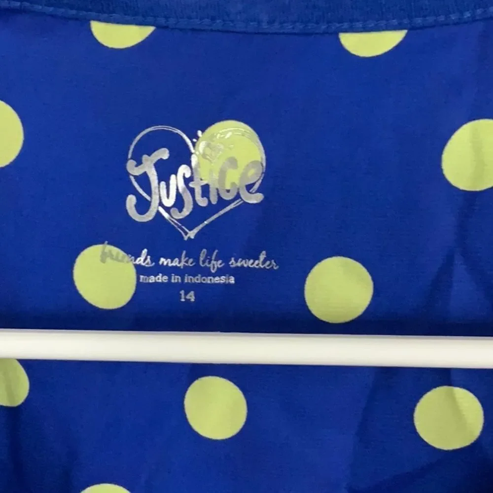 Justice Girls 14 Blue Stripe Yellow Polka Dot Glitter Star Chiffon Tee Knit Top